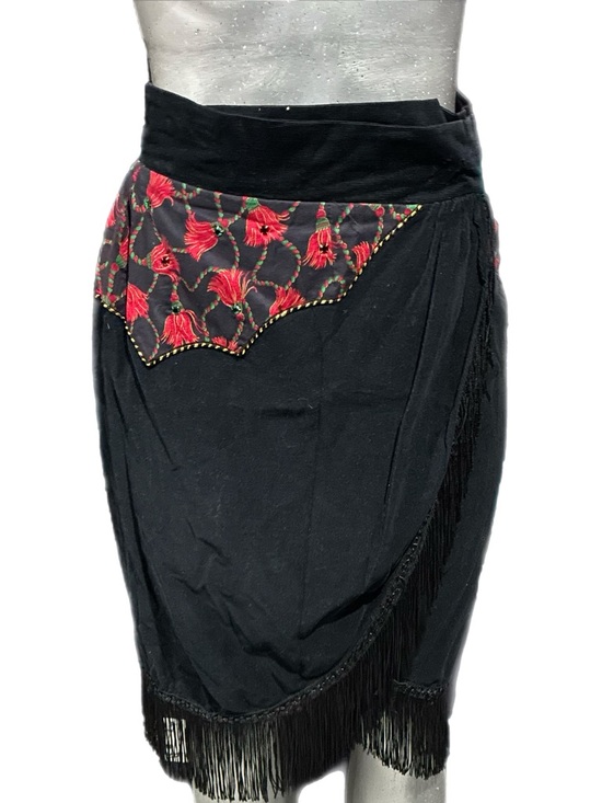 Vintage Dresses & Skirts - Vintage Black Fringe Wrap Skirt Red Floral Appliqué Festival Dance Tango Small